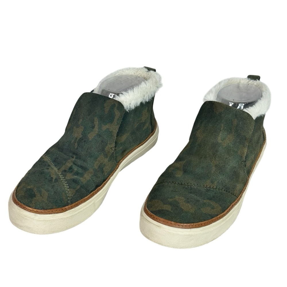 TOMS Paxton Camo Suede Faux Fur Lined Slip On Sneakers Green Leather Women 7